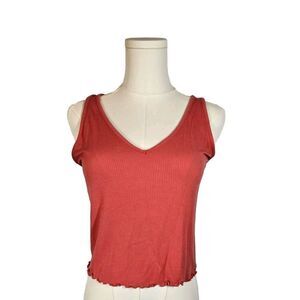 Lulus Abaco Cropped V-Neck Tank Top Barbiecore Stretch Ribbed Coral Orange‎ S